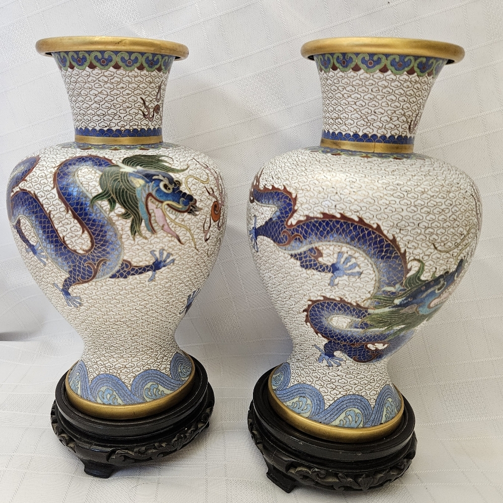 Vintage Chinese Asian Cloisonne Dragon Vase Art Set Of 2